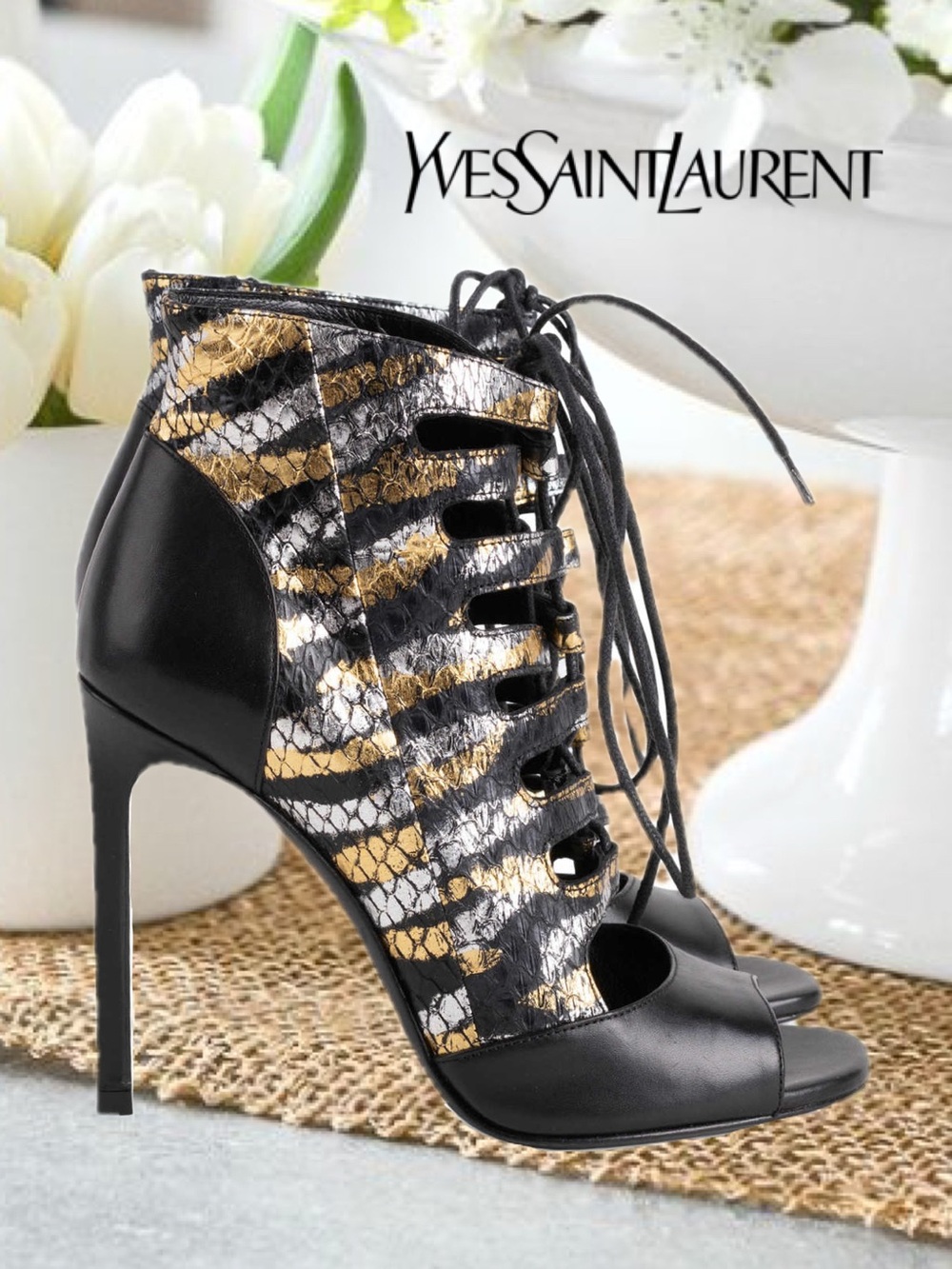 AUTHENTIC YSL CUTOUT LACE UP HEELS